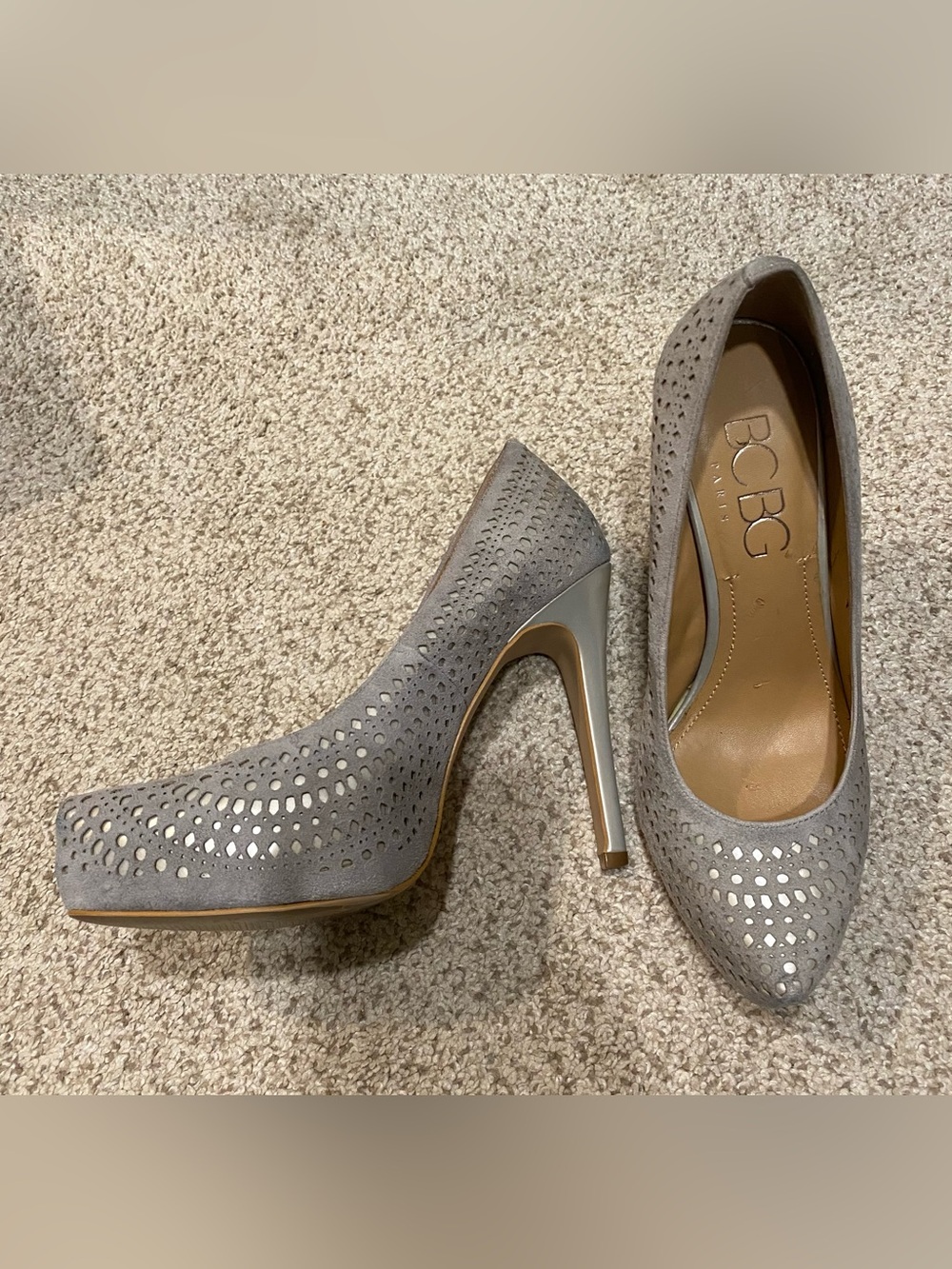 BCBG Taupe Perforated Suede Pointed-Toe Pumps, Sz. 6